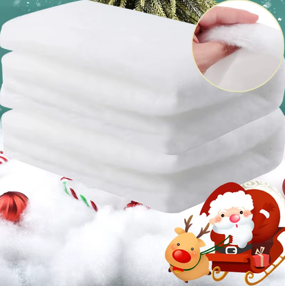 White fluffy material with Christmas-themed decorations and Santa Claus illustration.