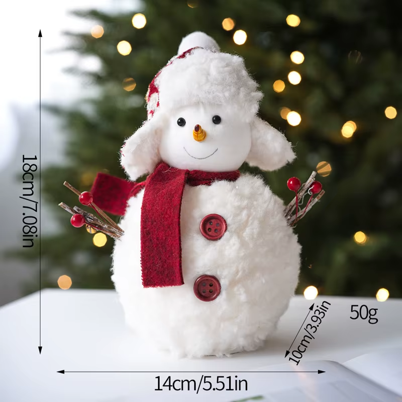 Decorative snowman figure with measurements and a blurred Christmas tree background