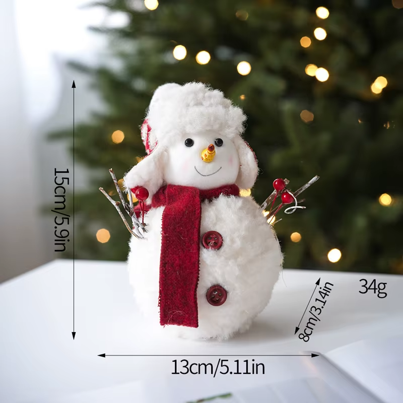Small snowman figurine with measurements and a blurred Christmas tree background