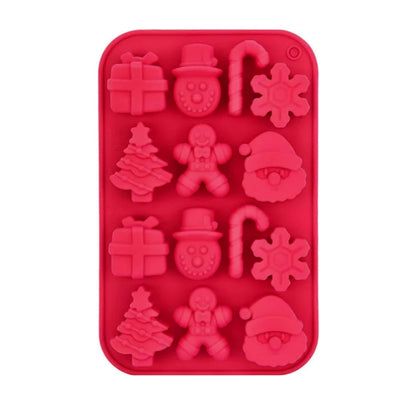 Red silicone mold with Christmas-themed shapes on a white background